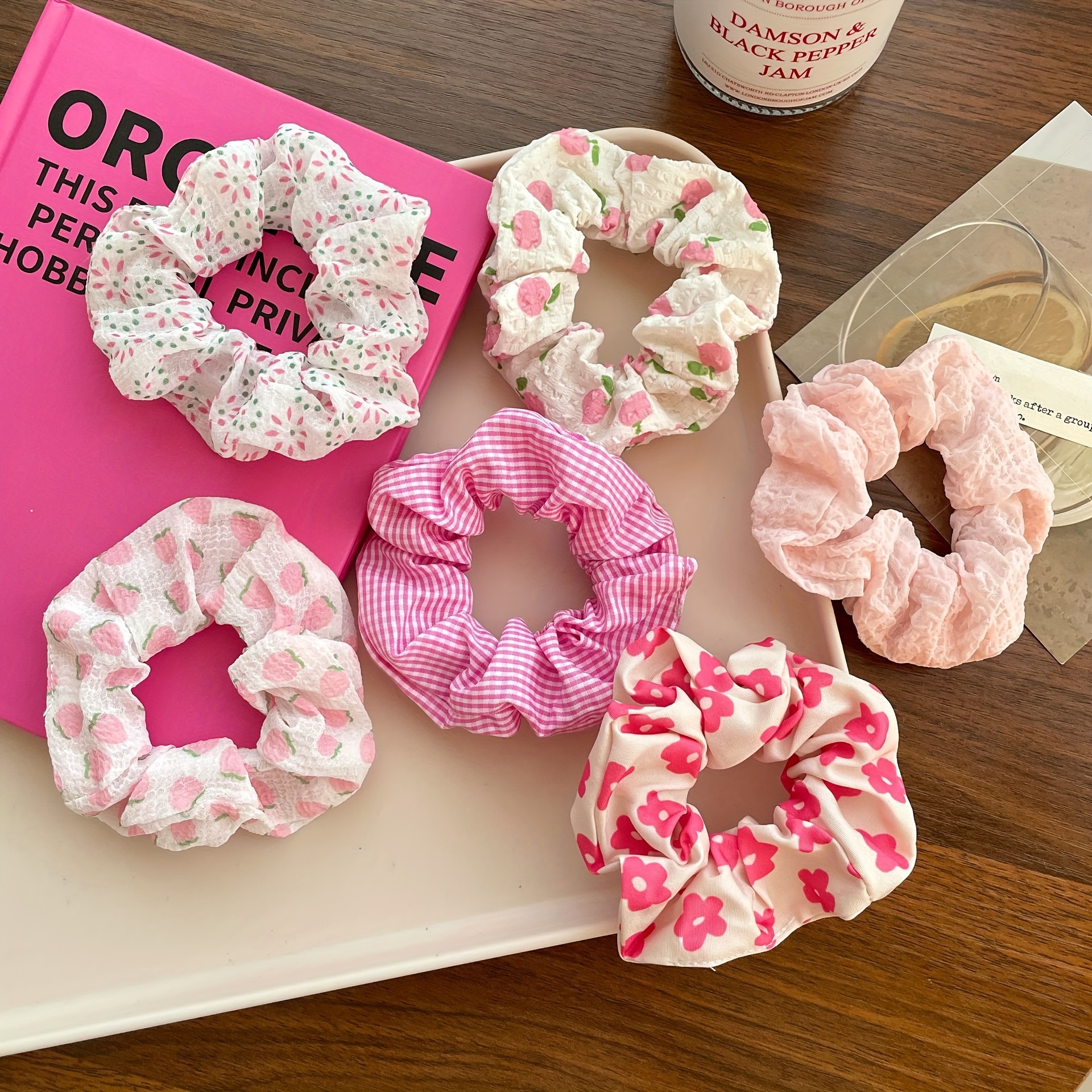 

6pcs/set Pink Hair Scrunchies Sweet Pattern Hair Ropes Ponytail Holder Hair Accessories For Women Girls