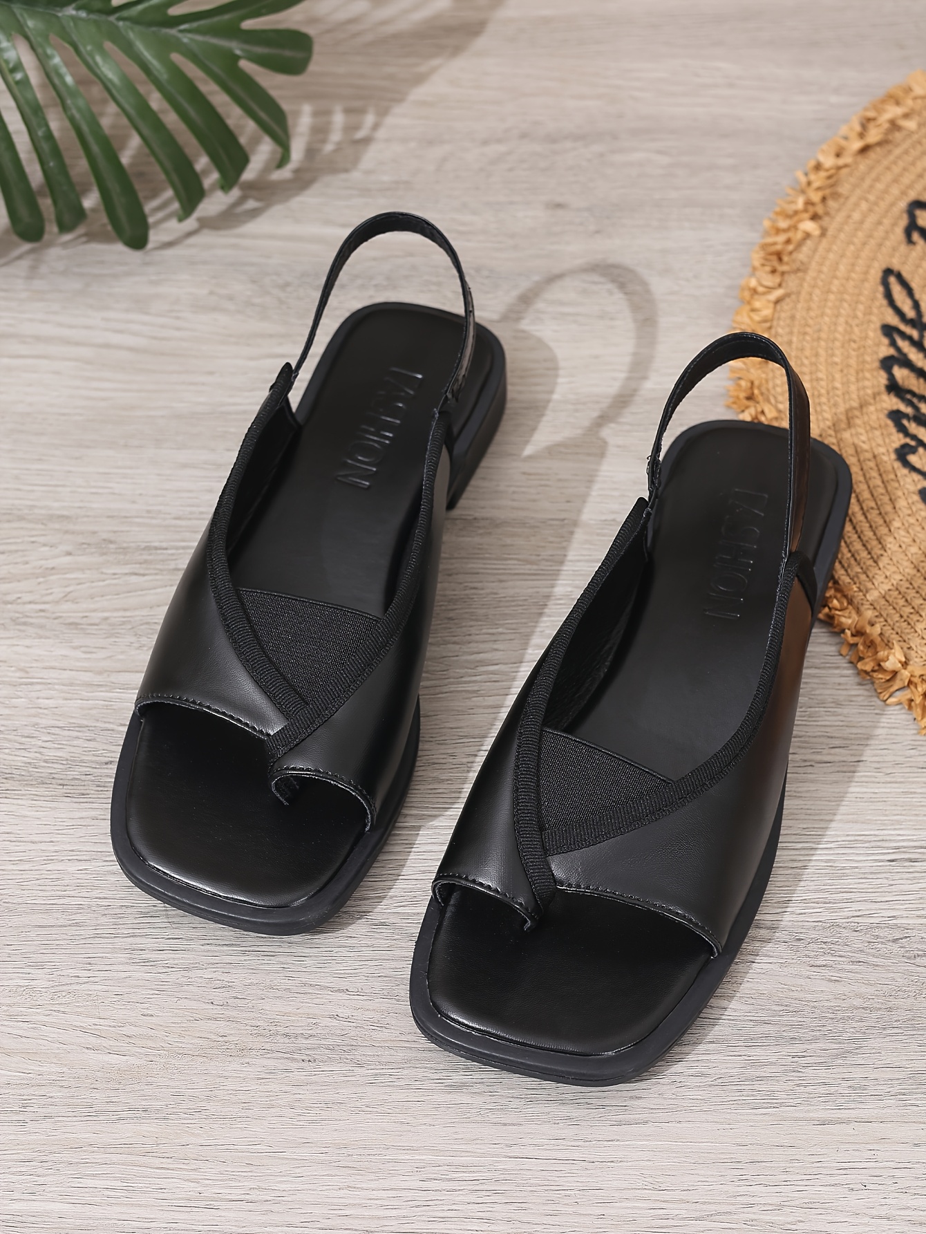 womens square toe flat slip on elastic sandals solid color open toe summer sandals casual outdoor and indoor sandals women shoes Product details 5