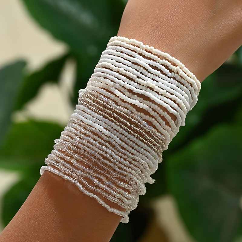 

30pc White Color Mini Seed Beads Beaded Bracelet Set Boho Style Stackable Hand String Jewelry