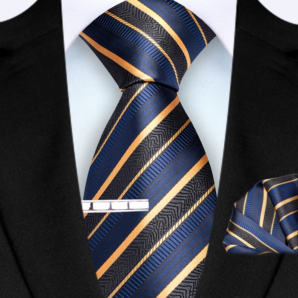 Image of Ricnais Three-piece Set Men's 8cm Striped Tie Square Scarf Tie Clip Set High Quality Classic Fashion Wedding Party Business Tie Set
