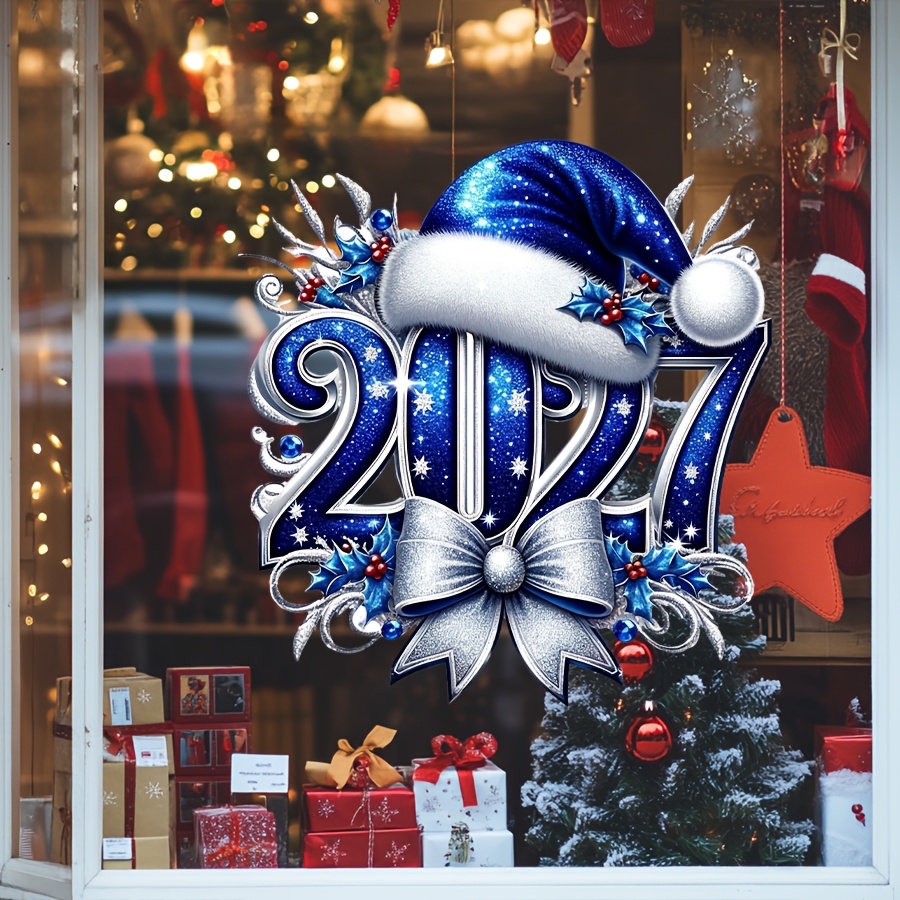 TEMU Autocollant de fenêtre Chapeau de Père Noël à paillettes bleues 2027, avec nœud de houx, de neige, hiver, An, autocollant de Noël, , PVC