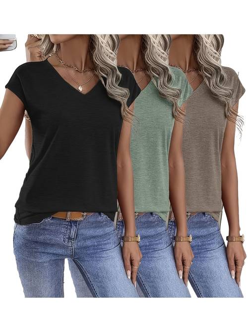 3pcs womens fashion solid color v neck short sleeve loose casual tops t shirt set machine washable suitable for spring summer daily wear and home use