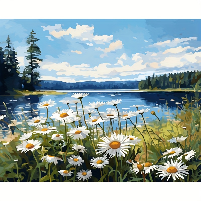 vopsea de peisaj cu flori de margaretă pentru adulți, kit de pictură pe pânză cu perii și vopsele acrilice, set de artizanat prietenos pentru începători 16x20 inch 0
