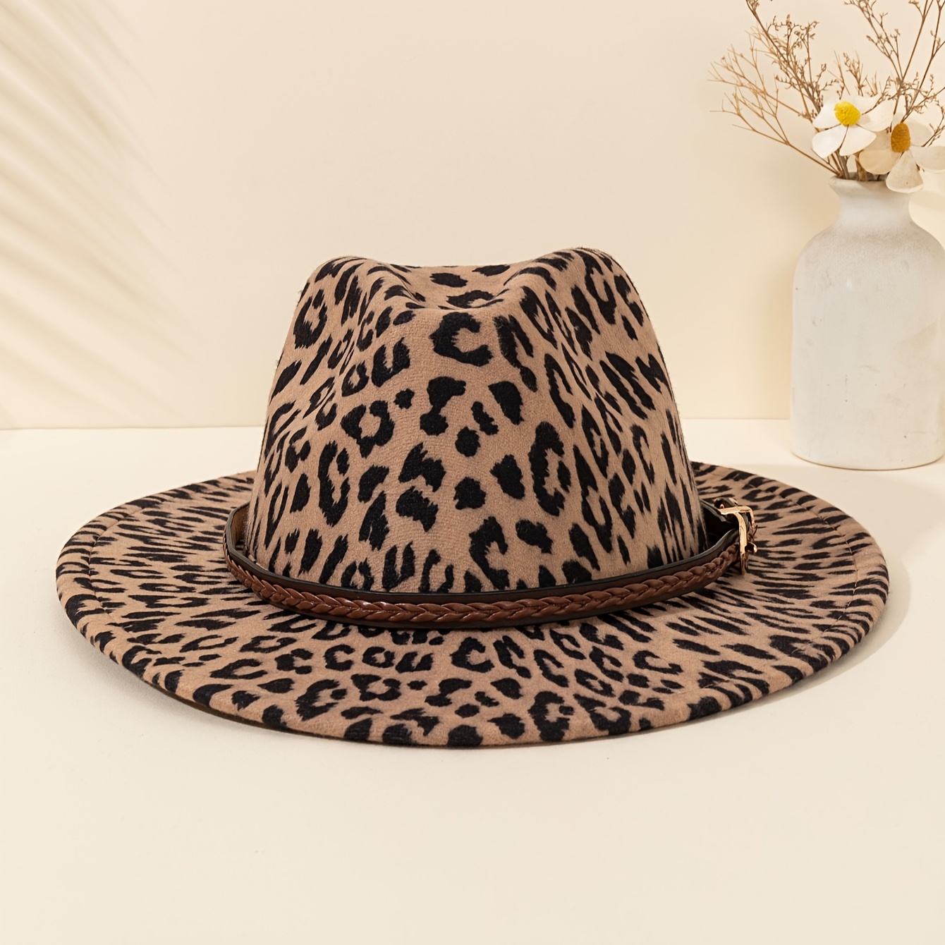 TEMU 1pc Of Leopard Print Retro Fashion Flat Brim Felt Hat, Brown Twist Print Decoration, British Jazz Hat Retro Fashion Accessories Detachable Hat