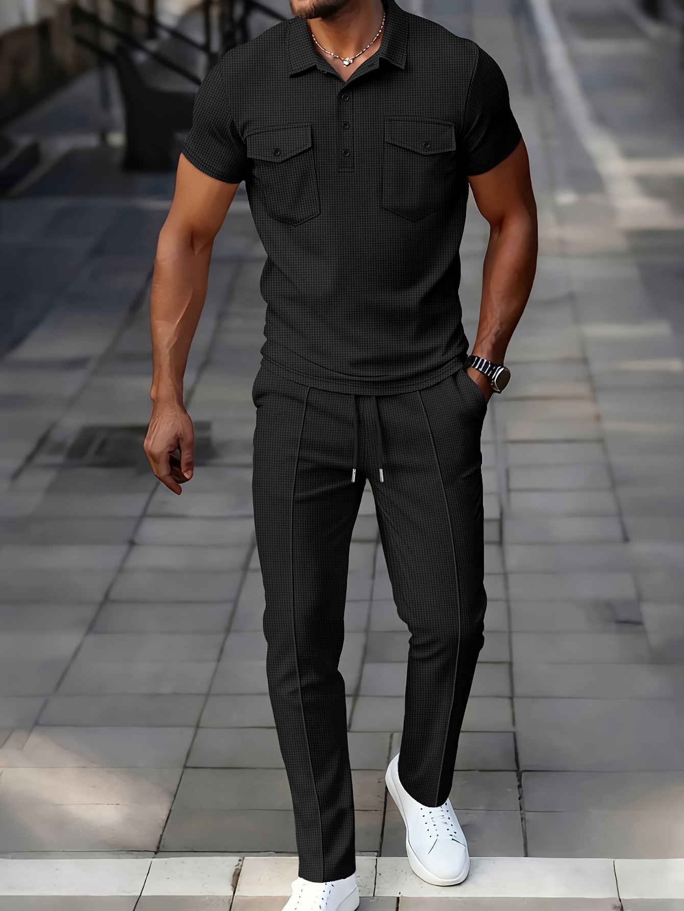 Men's 2pcs Set, Solid Color Minimalist Black Button-Up Short Sleeve Shirt with Two Pockets and Collar + Drawstring Waist Pants, Men's Spring/Summer Casual Vacation Daily Wear