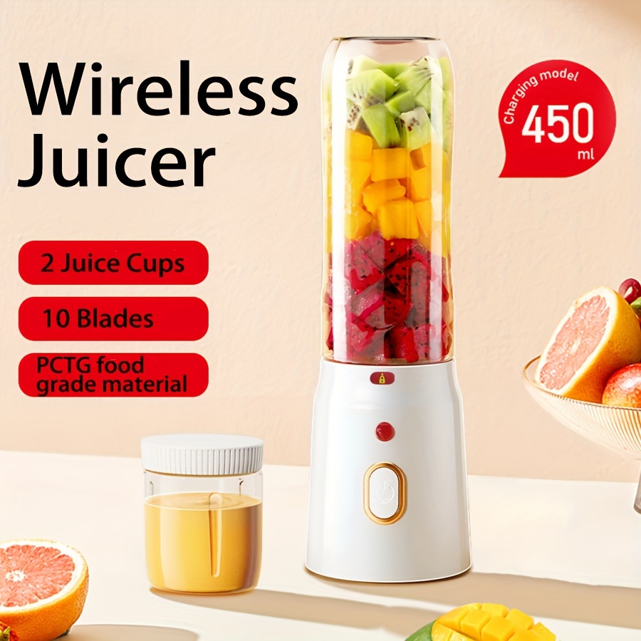 1pc Wireless Juicer 15.22oz Portable USB Rechargeable Mini Blender with 2 Cups Detachable Push Button Control Food Grade PP 10 Blades 1500mAh Lithium Battery for Smoothies Shakes Home