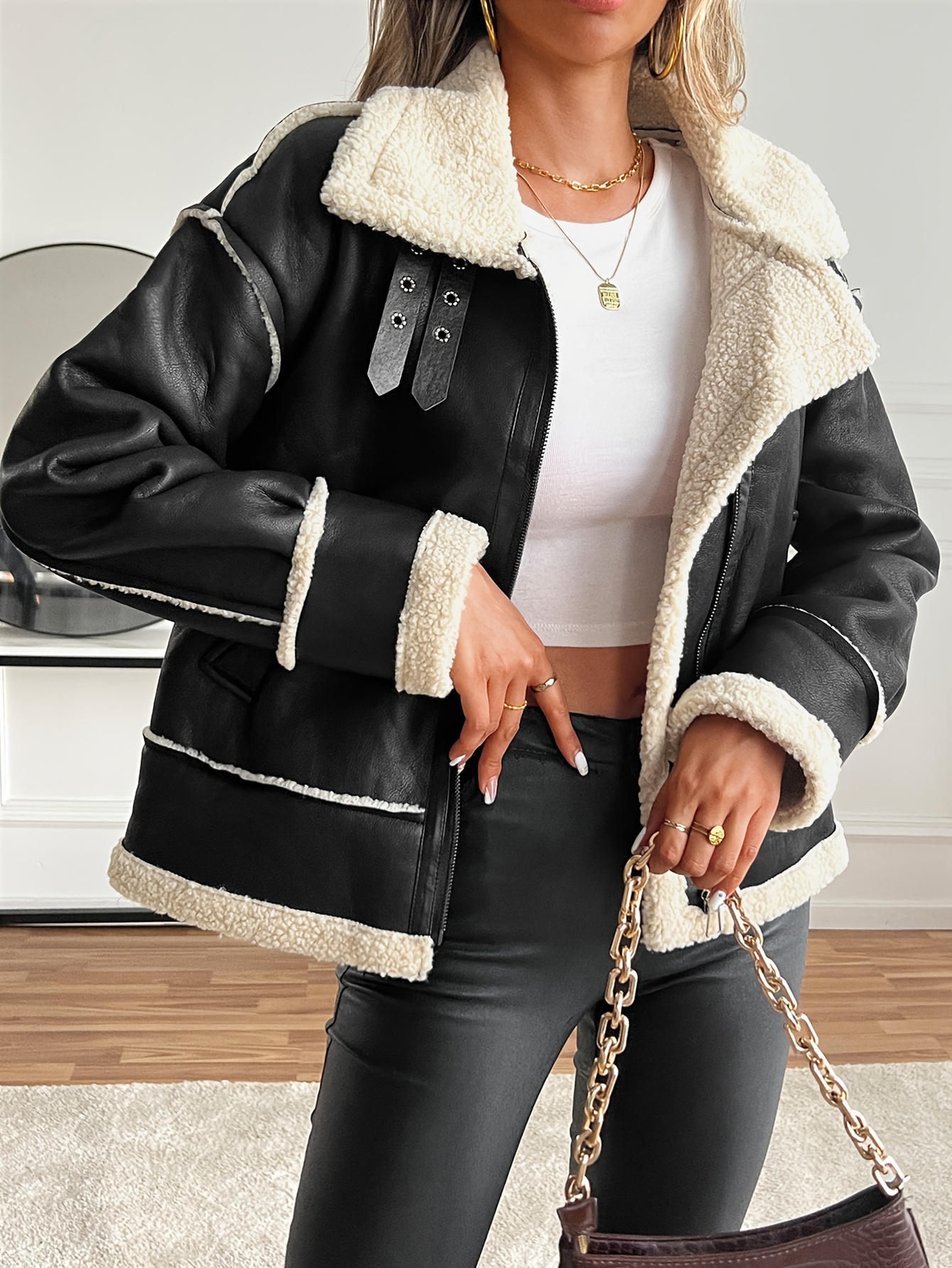 Women's Elegant Motorcycle Jacket Heavy-Duty Non-Stretch Front Closure,  Side Pockets Motorcycle Riding Coat Brown