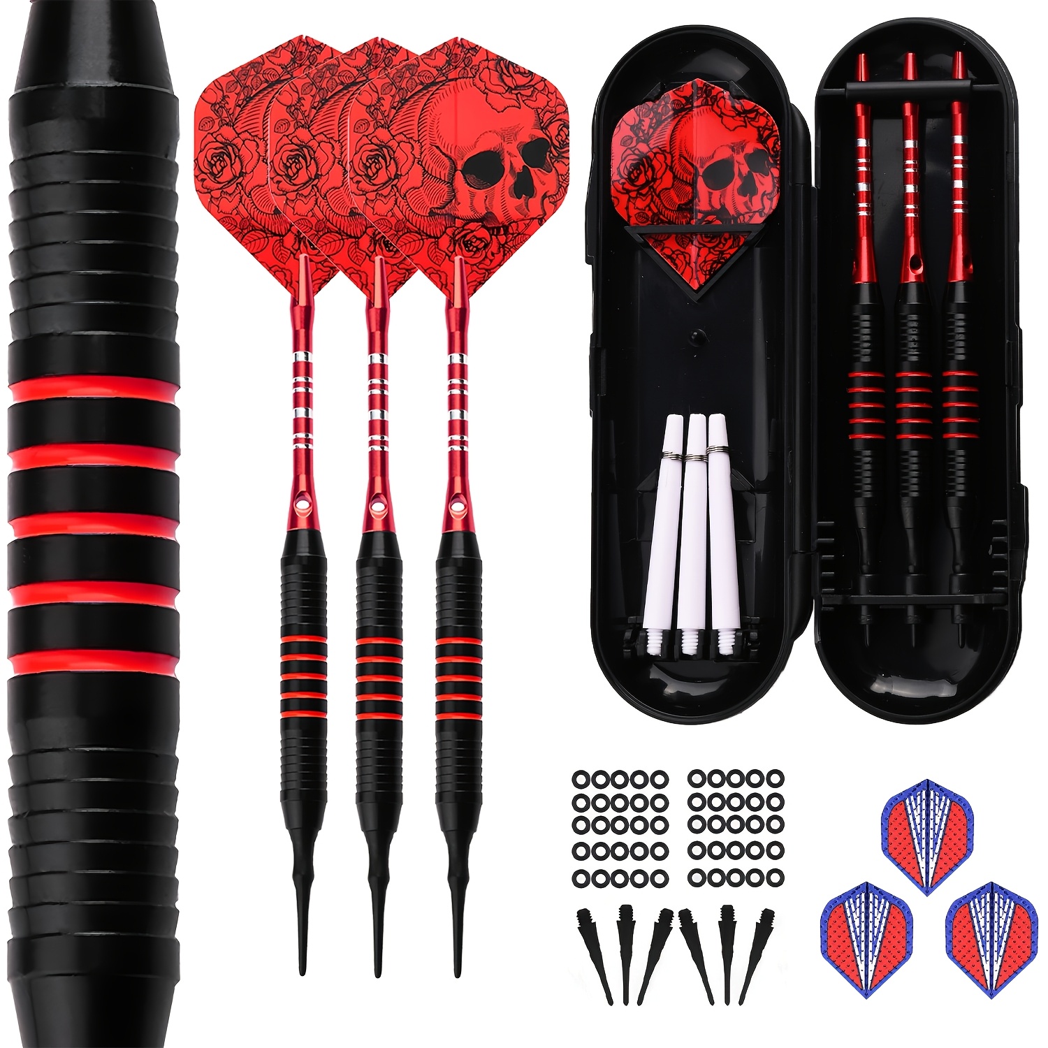 TEMU 1 Darts Set, 3 Red/yellow 20 Grams Professional Darts, Plastic Tip With Iron + Aluminum Shafts + 50 -ring + 6 Flights +30 Soft Tips For