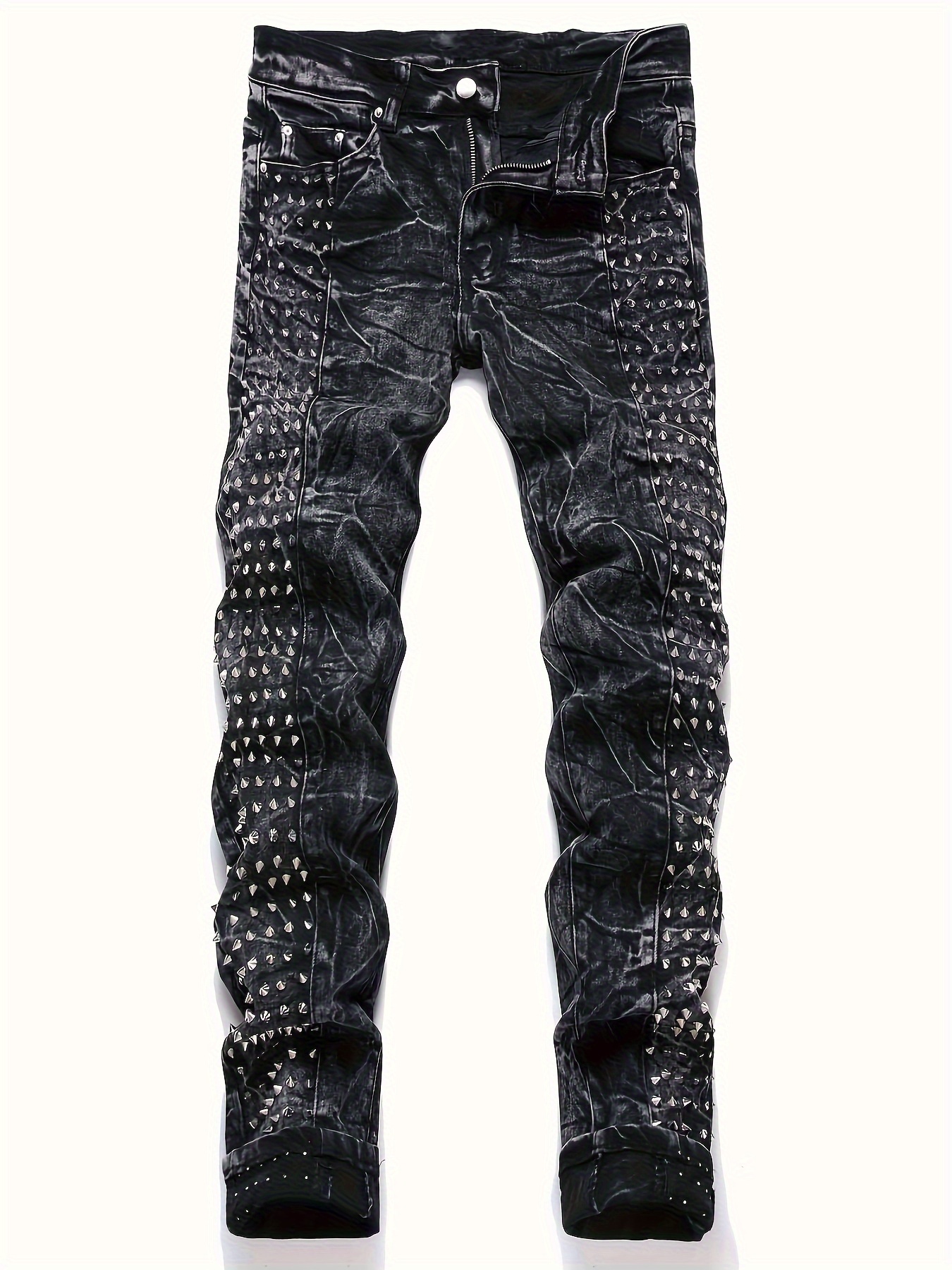 men's fit rivet studded denim jeans punk style stretch - Temu