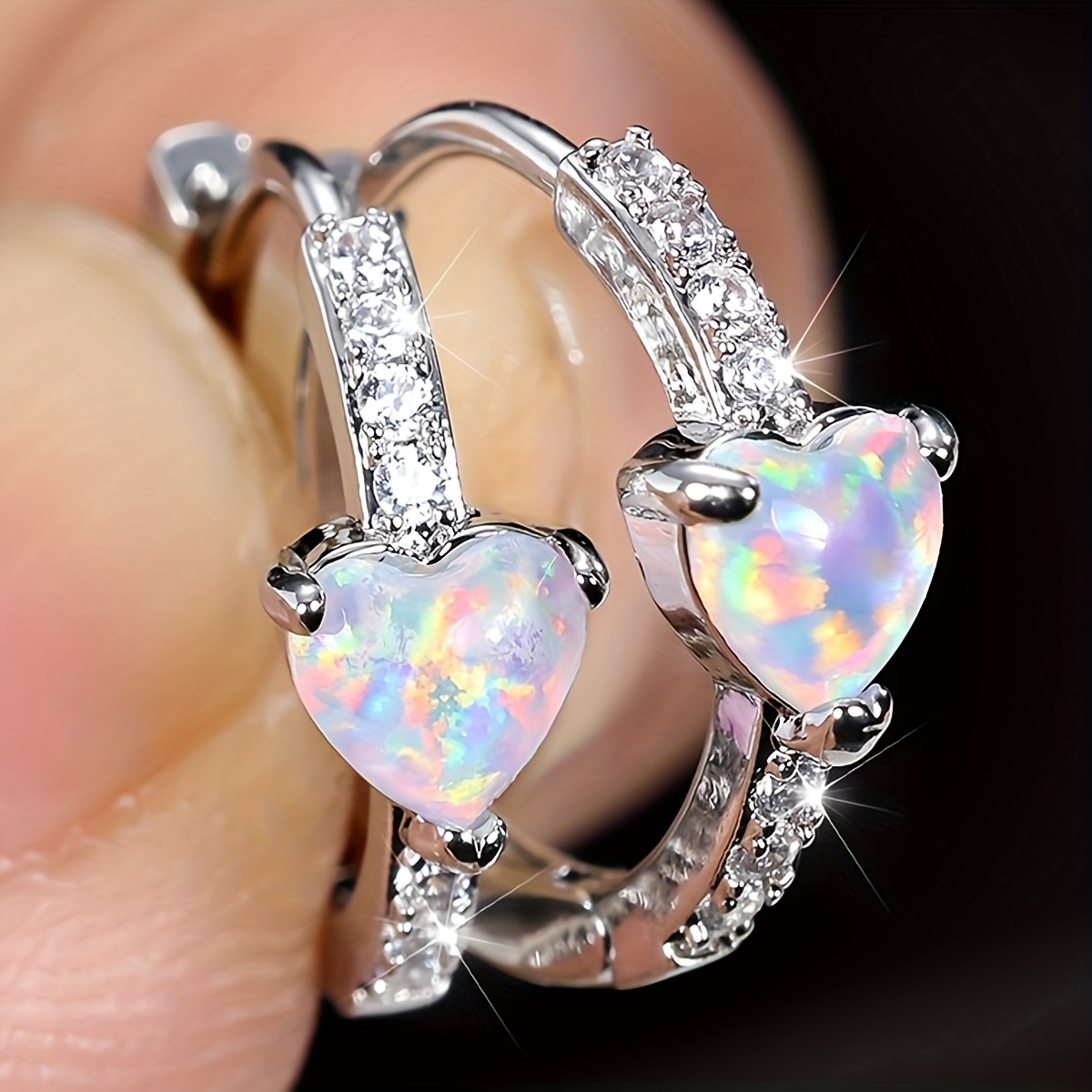 TEMU A Pair Of White Synthetic Opal Heart-shaped Micro Pave Earrings, Featuring Synthetically . Simple And Stylish With A Niche Design For Light