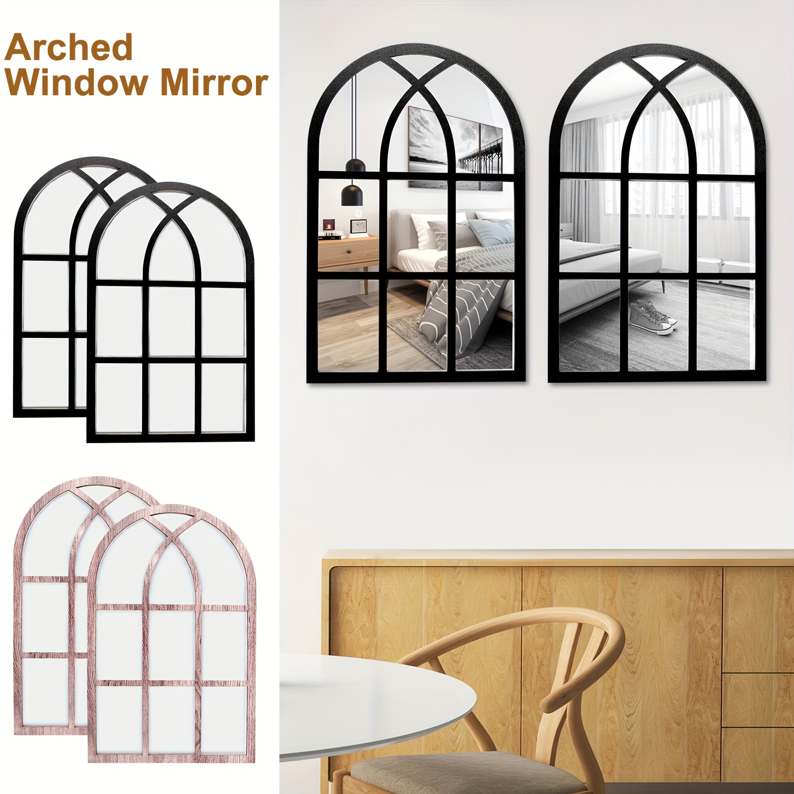 

2pcs Window Wall Mirror For Wall Decor Vintage Rustic Arched Wall Mirror Decorative Mirror Acrylic Mirror Wall Decor With Wood Frame For Living Room Bathroom Bedroom Kitchen 27x42cm