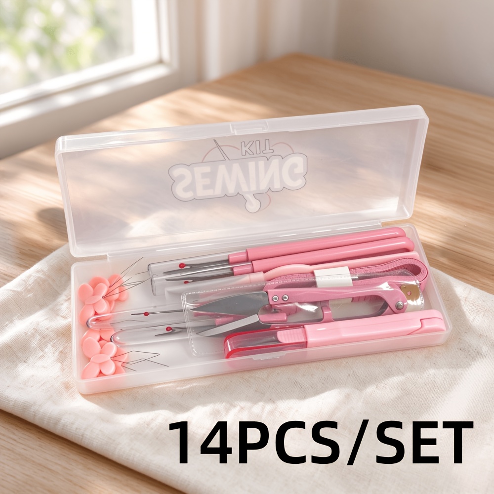 TEMU Kit d'outils de couture rose avec étui de rangement, enfile-aiguilles papillon, coupe-fil, déchire-coudes, mètre ruban souple, fournitures de