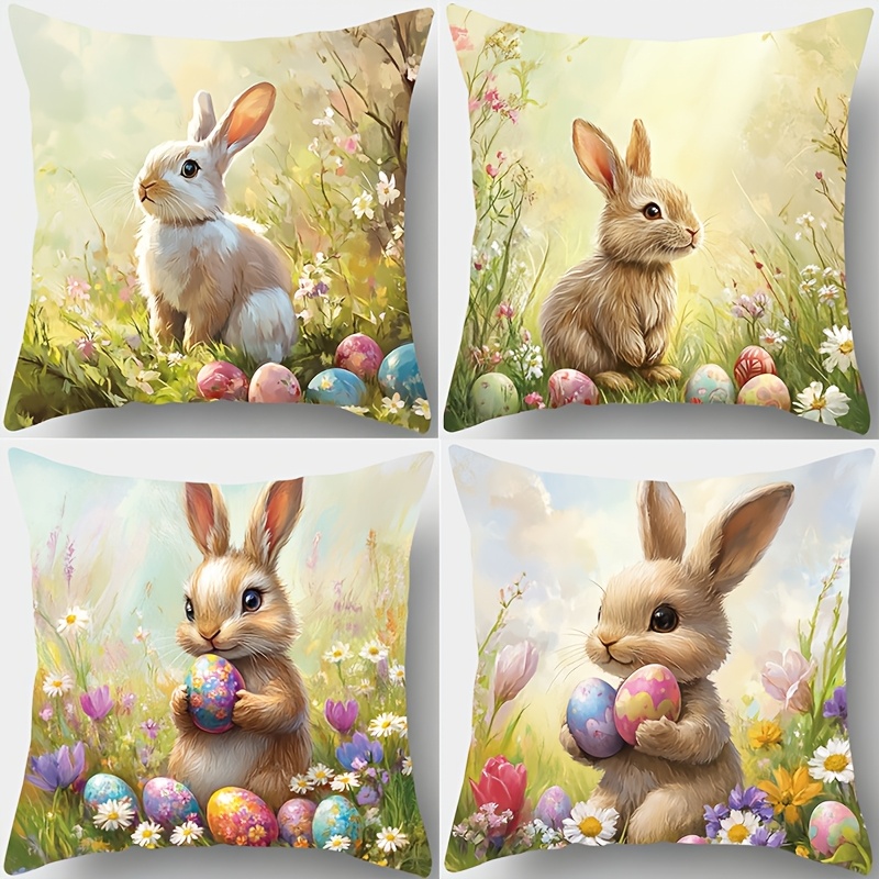 

4-pack Vintage Style Cute Bunny & Print Pillowcases, 17.7x17.7 Inches, Soft Polyester, Machine Washable, Zipper Closure, Decorative Cushion Covers For Living Room Sofa & Bedroom Decor