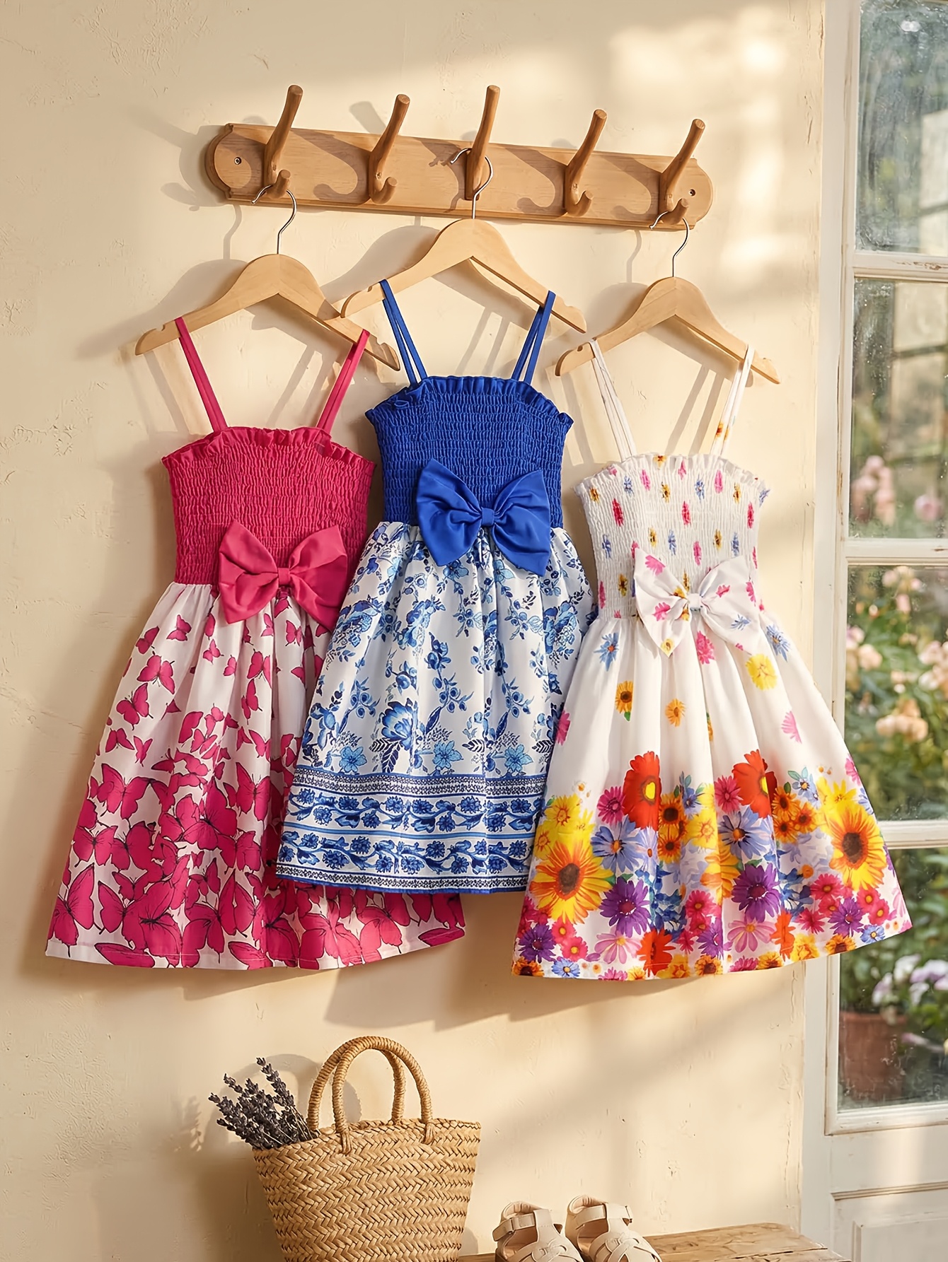 girls strappy floral a-line smocked dress - sweet bows detail casual  sleeveless sundress for summer | Shop Now For Limited-time Deals | Temu