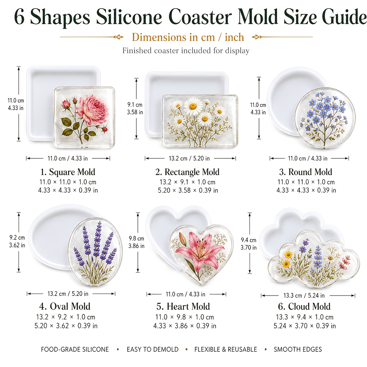 TEMU 6pcs Coaster Resin Molds Silicone, Coaster Molds With Round, Square, Heart, Cloud, Oval, Rectangle Designs For Diy Resin, Diy Art Craft Cup Mats