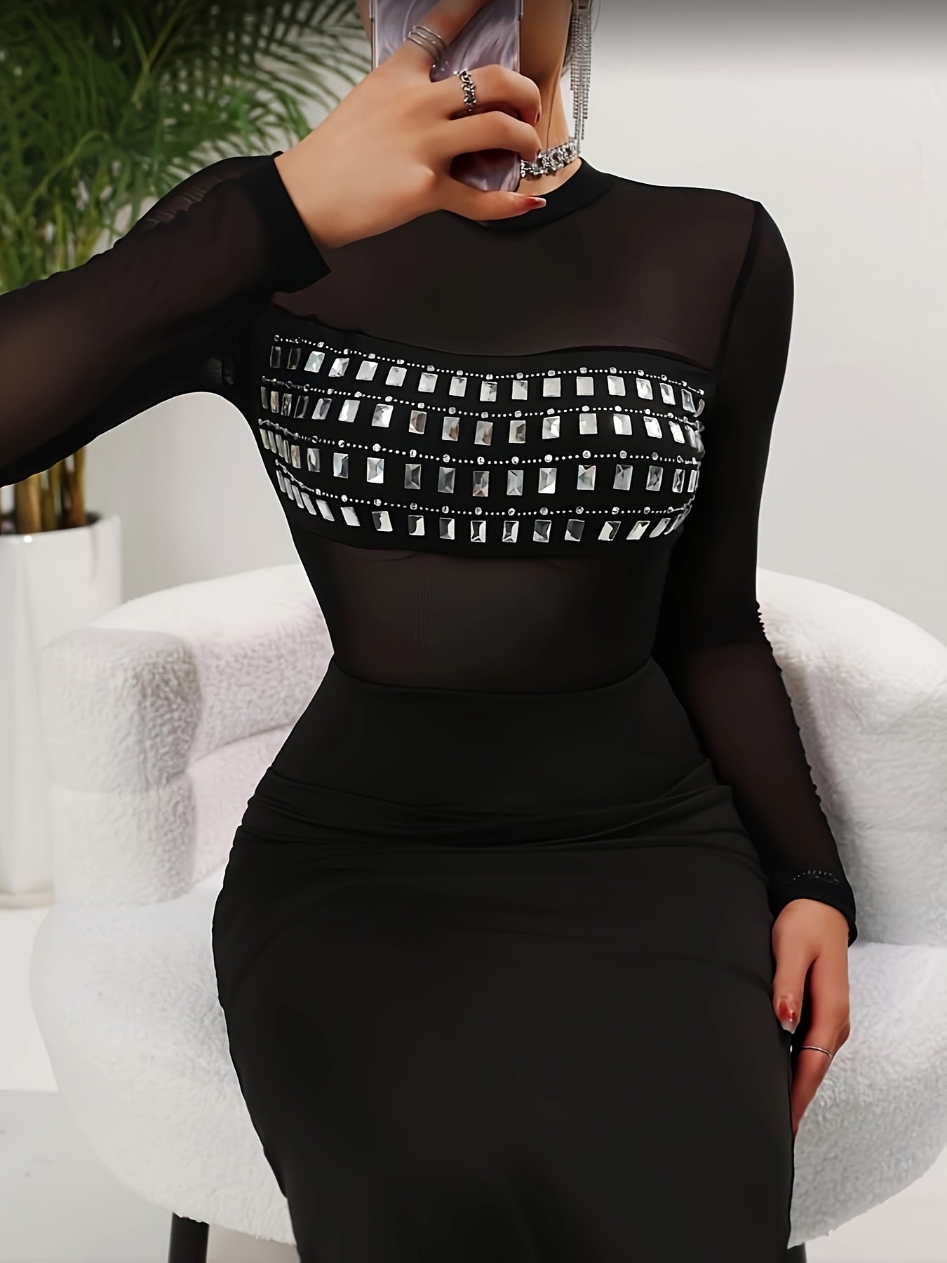 split back sheer mesh dress long sleeve see - Temu