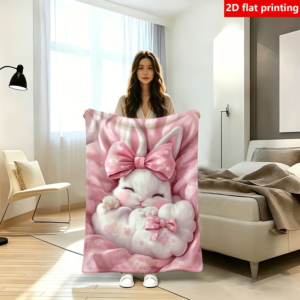 TEMU 2d Flat Printing, 1pc, White Rabbit Pink Bow Single-sided Printed Fleece Blanket, Soft And Comfortable, Suitable For Travel, Camping, Living