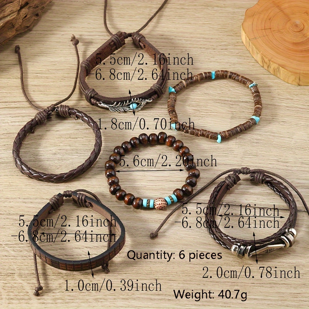 Western Retro Fashion Blue Lapis Feather 6pcs Set Faux Leather Bangles