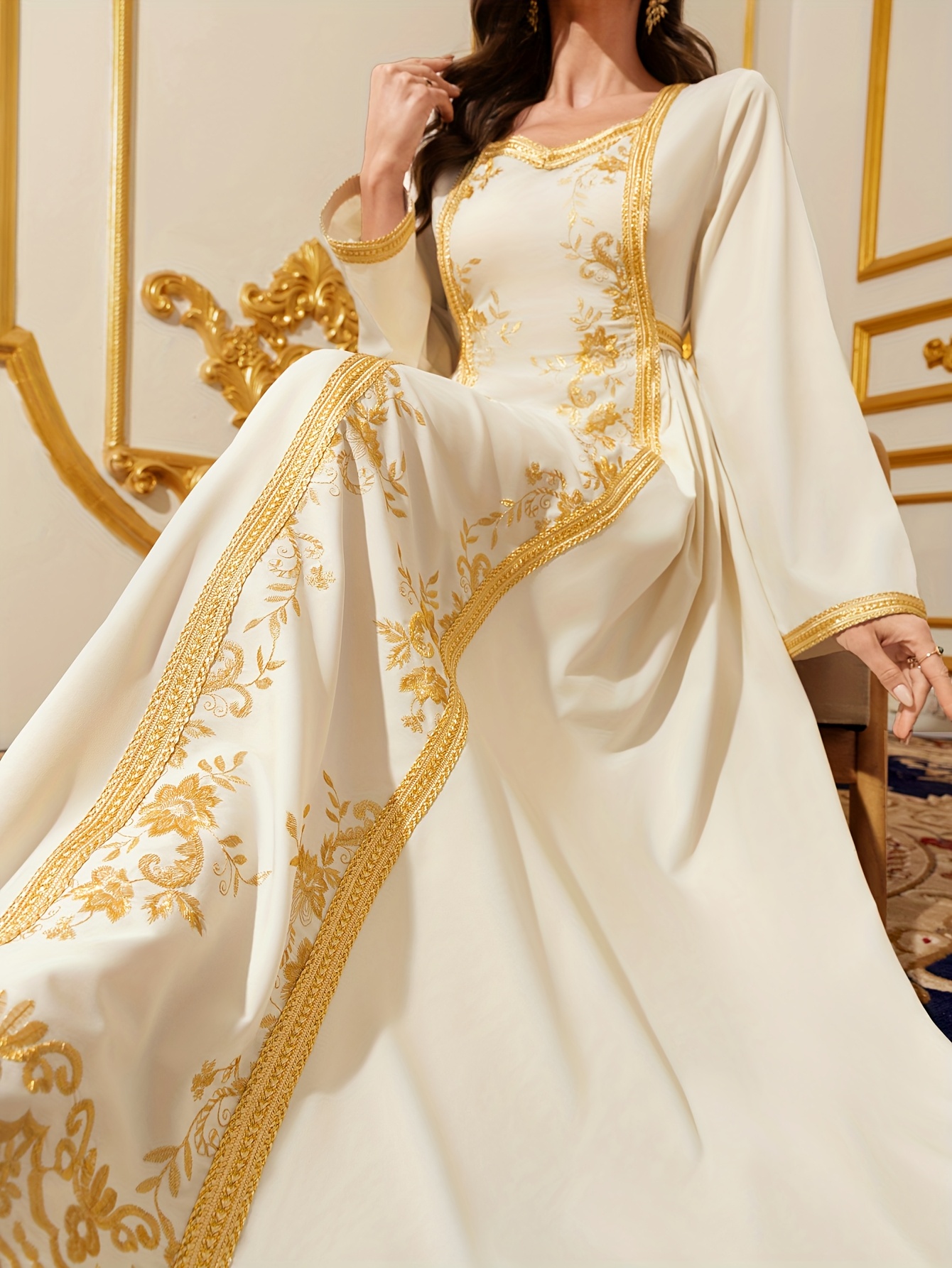 Elegant White Golden Embroidered Long Sleeve Kaftan Dress Dubai Arab  Women’s Maxi Jalabiya with Belt Special Occasions Festivals