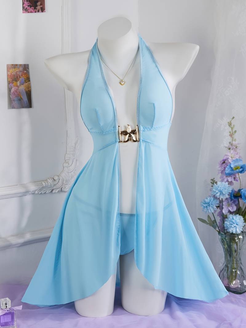 Popular Mesh Patchwork Outfit with Metal Buckle And Halter Neck Design from Europe And America 0