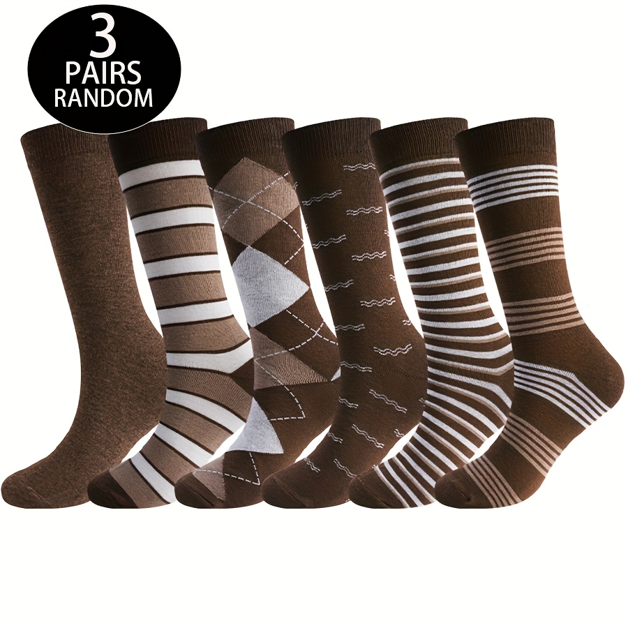 TEMU Random 3 Pairs Mid-calf Socks Autumn Winter Thick Warm Vintage Striped Diamond Check Long Socks Women's Sweat-absorbent Breathable Men's Socks