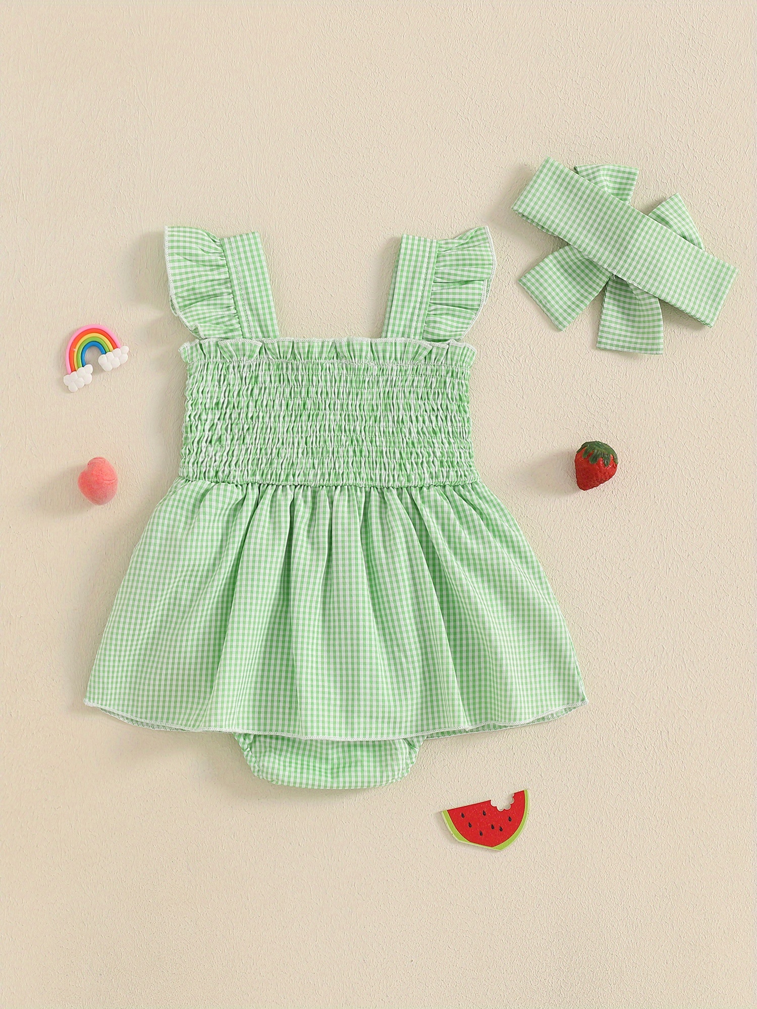 2pcs Baby Girls Summer Outfit - Avocado Plaid Romper Dress with Sleeves & Matching Headband, Stretchy & Machine Washable, Light Green Gingham