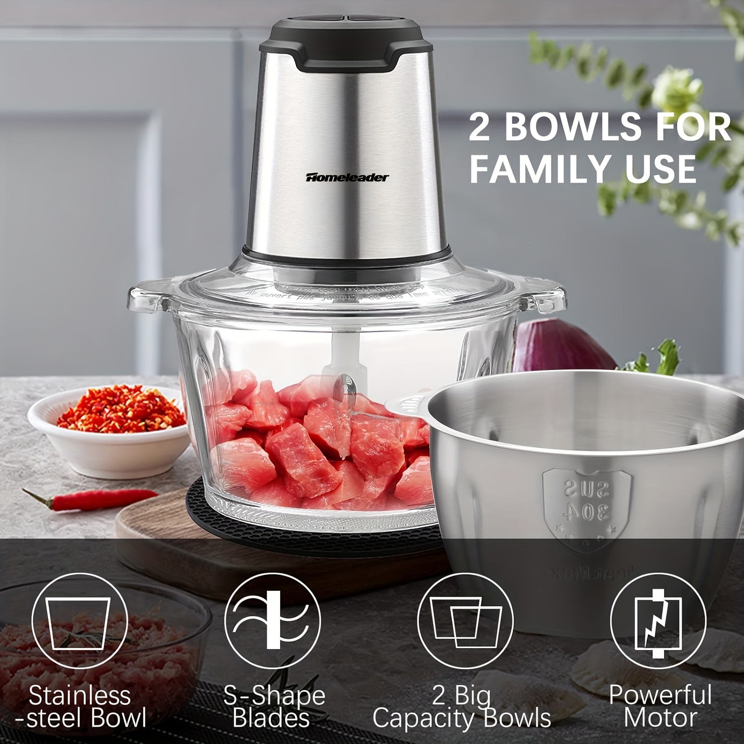 

Liebe& , Meat Grinder With 2 Bowls 8 Cup And 8 Cup, Food Chopper Electric Vegetable Chopper With 4 Large Sharp Blades For Fruits, Meat, Vegetables, , Nuts, 2