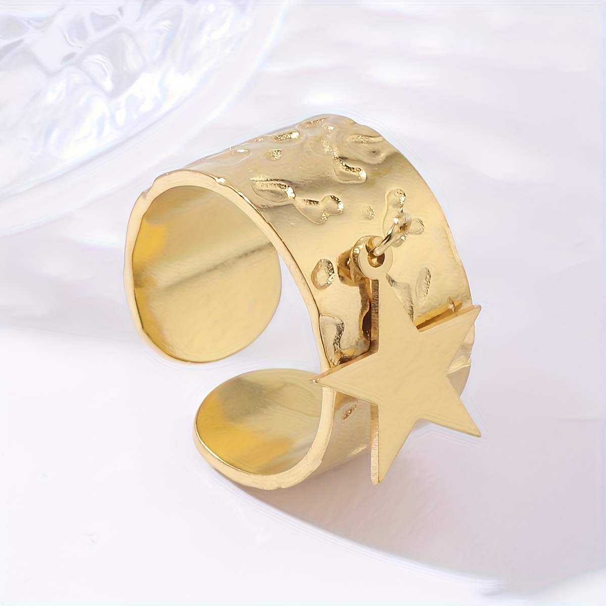 TEMU Bague à breloque à branches en acier inoxydable doré-jaune et argenté, large bague tendance à texture froissée effet feuille, bague ouverte à