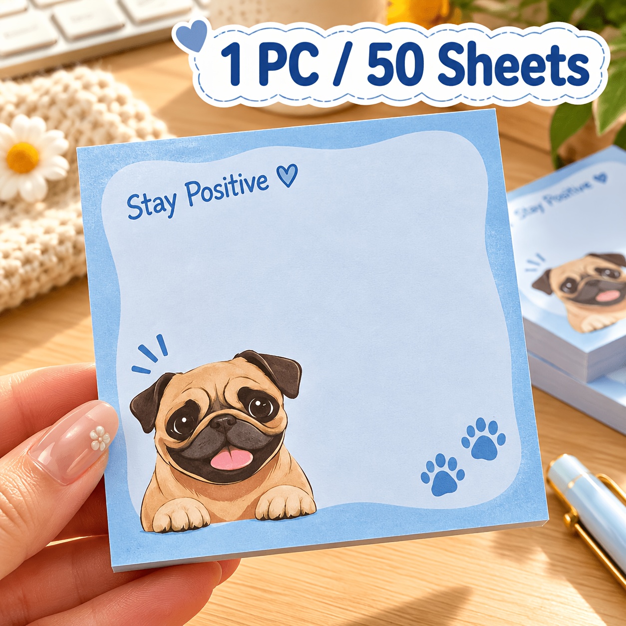TEMU 1 bloc/50 feuilles de notes autocollantes motif chien bouledogue , 50 feuilles bleues, blocs-mémos auto-adhésifs pour bureau, étude,