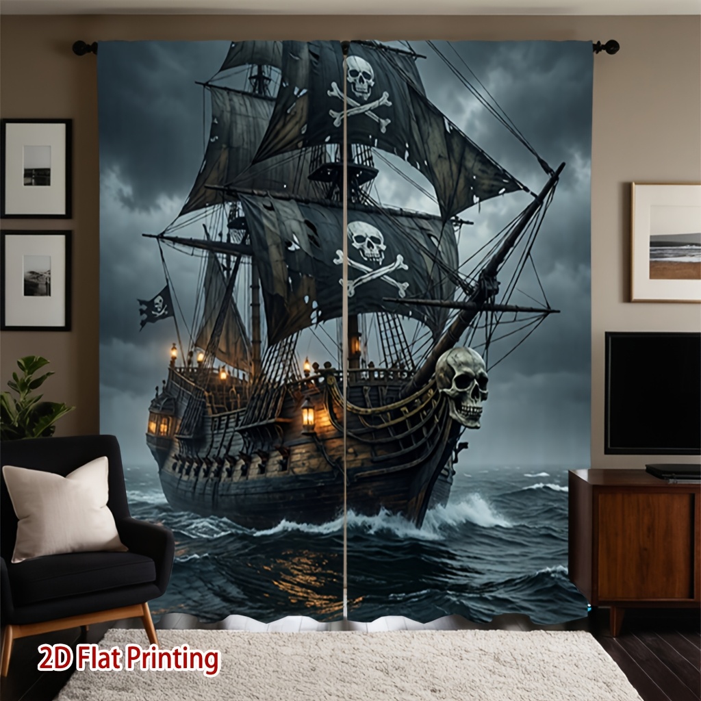 TEMU [ Goods] 2pcs Pirate Ship Print Curtains Soft Light, Privacy Protection, Pocket Rod Installation Curtains Suitable For Living Room, Kitchen,