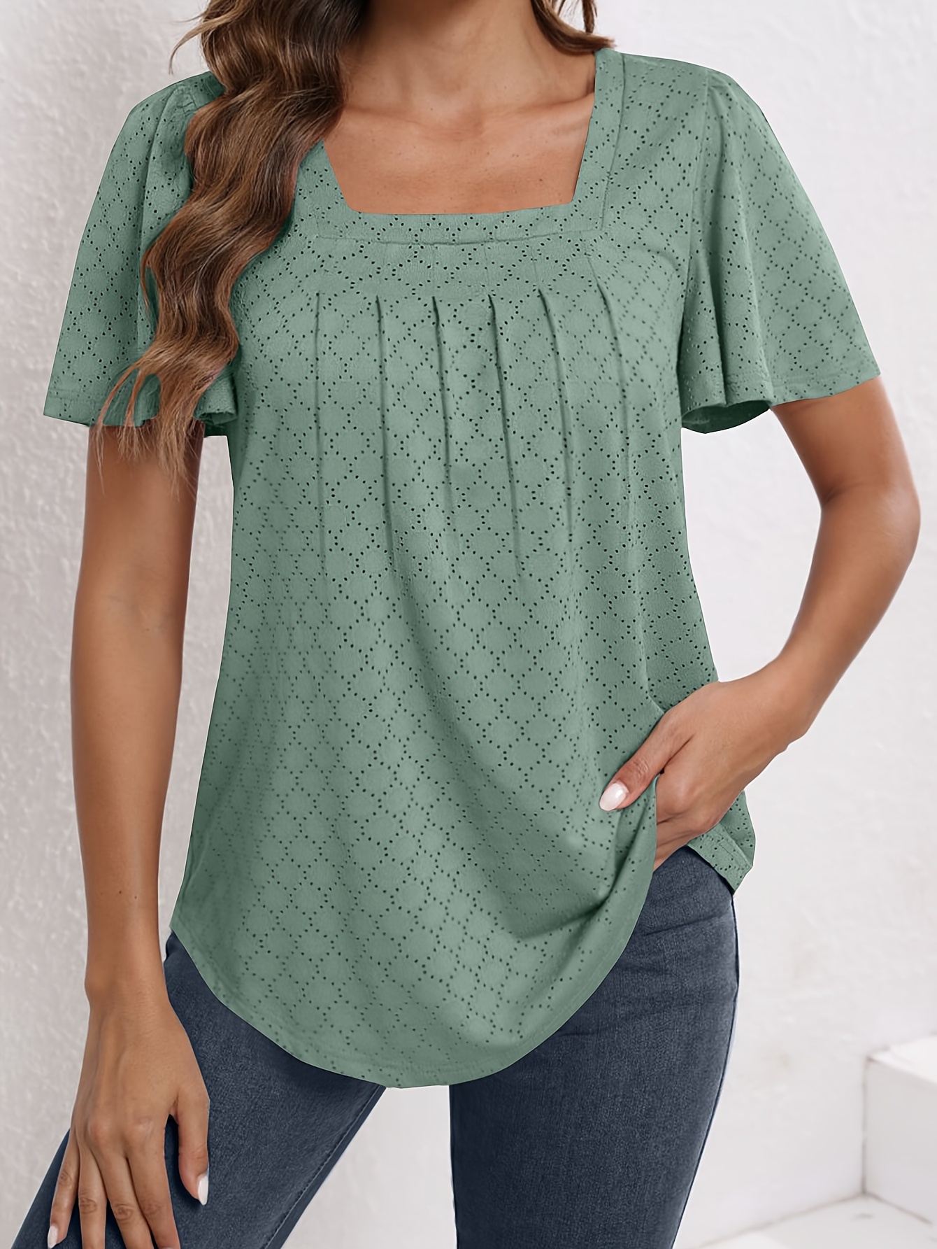 Plus Size Women'S Square Neck Ruffle Sleeve Top - Breathable Eyelet Cut-Out Fabric, Unique Chest Pleat Design, Elegant Fashion for Spring Summer Fall, Formal & Casual Wear, Casual Wear Top | Pleated Detail Top | Stretchy Fabric Top, Ladies T Shirts