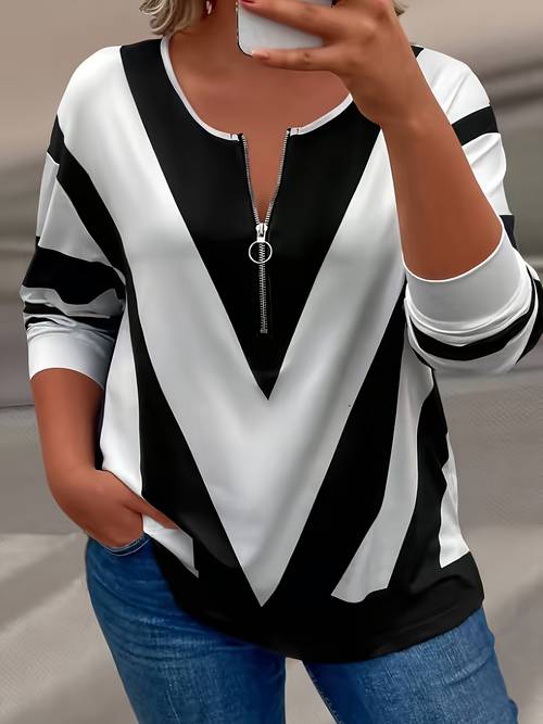 plus size plus size autumn winter new casual size long sleeve top printed v neck zipper statement print long sleeve plus size top womens