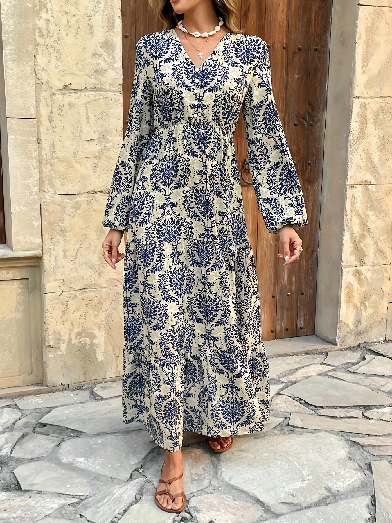 womens elegant floral print maxi dress v neck long formal Temu