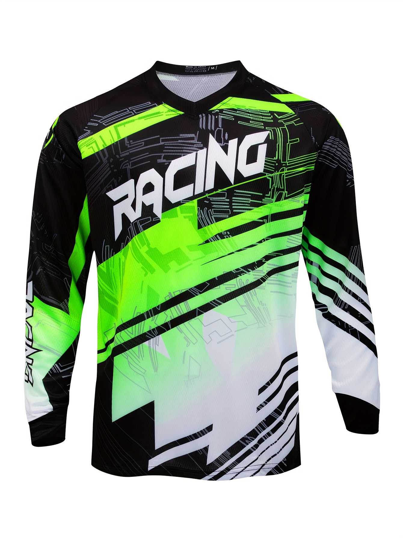 RACING *'S Long Sleeve Motorcycle Bicycle Mountain Bike Jersey V-Neck  Breathable Fabric with Neon Green Black Graphic Print, Moisture-