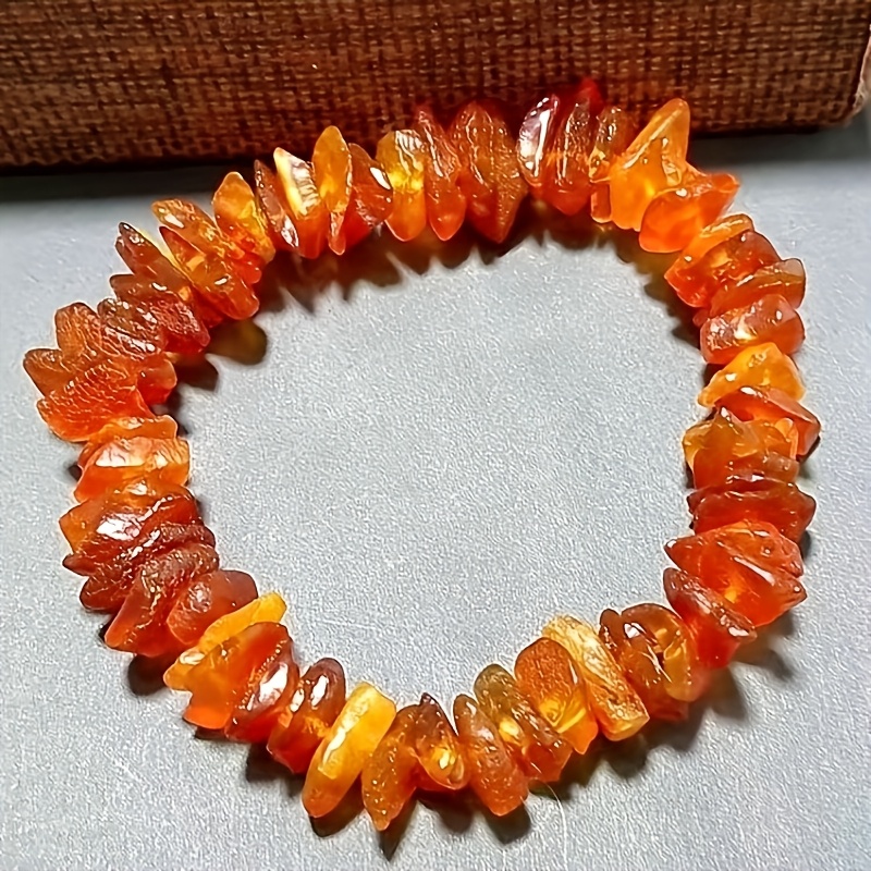 TEMU 1pc Natural Sea-drift Seed Amber Stone Bracelet, Original Shape Amber Bead Elastic Wristband, With Strong Fragrance, Women's Fashion Bangle