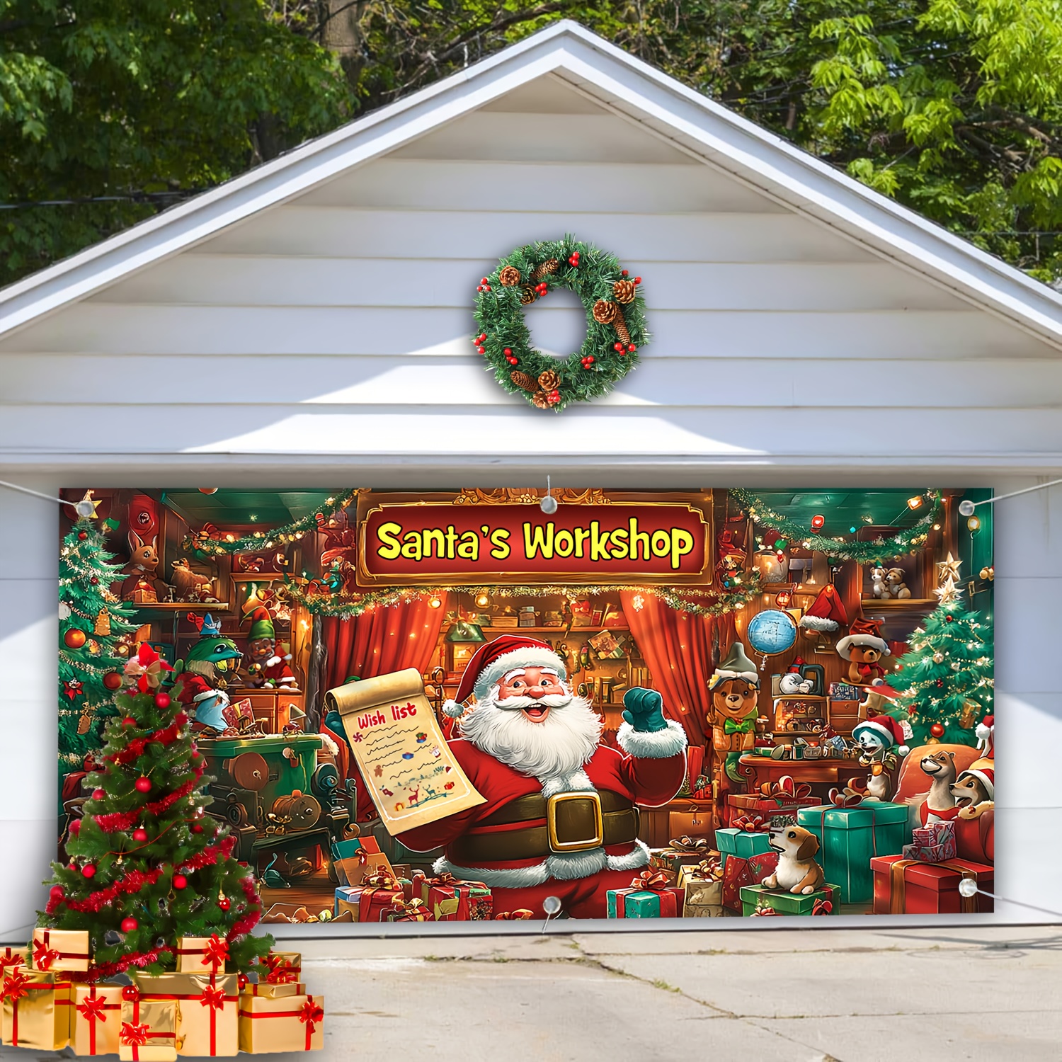 TEMU 1pc Vibrant Santa Claus Gift Garage Door Banner - Christmas Large Outdoor Decoration, Party Backdrops & , Easy To Hang, Perforated