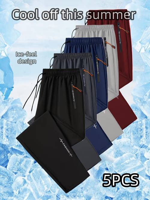 5pcs mens and womens cool casual sport pants letter zipper pocket elastic waist quick dry breathable straight leg pants suitable for daily outdoor activities gym activities ideal for hot summer gift