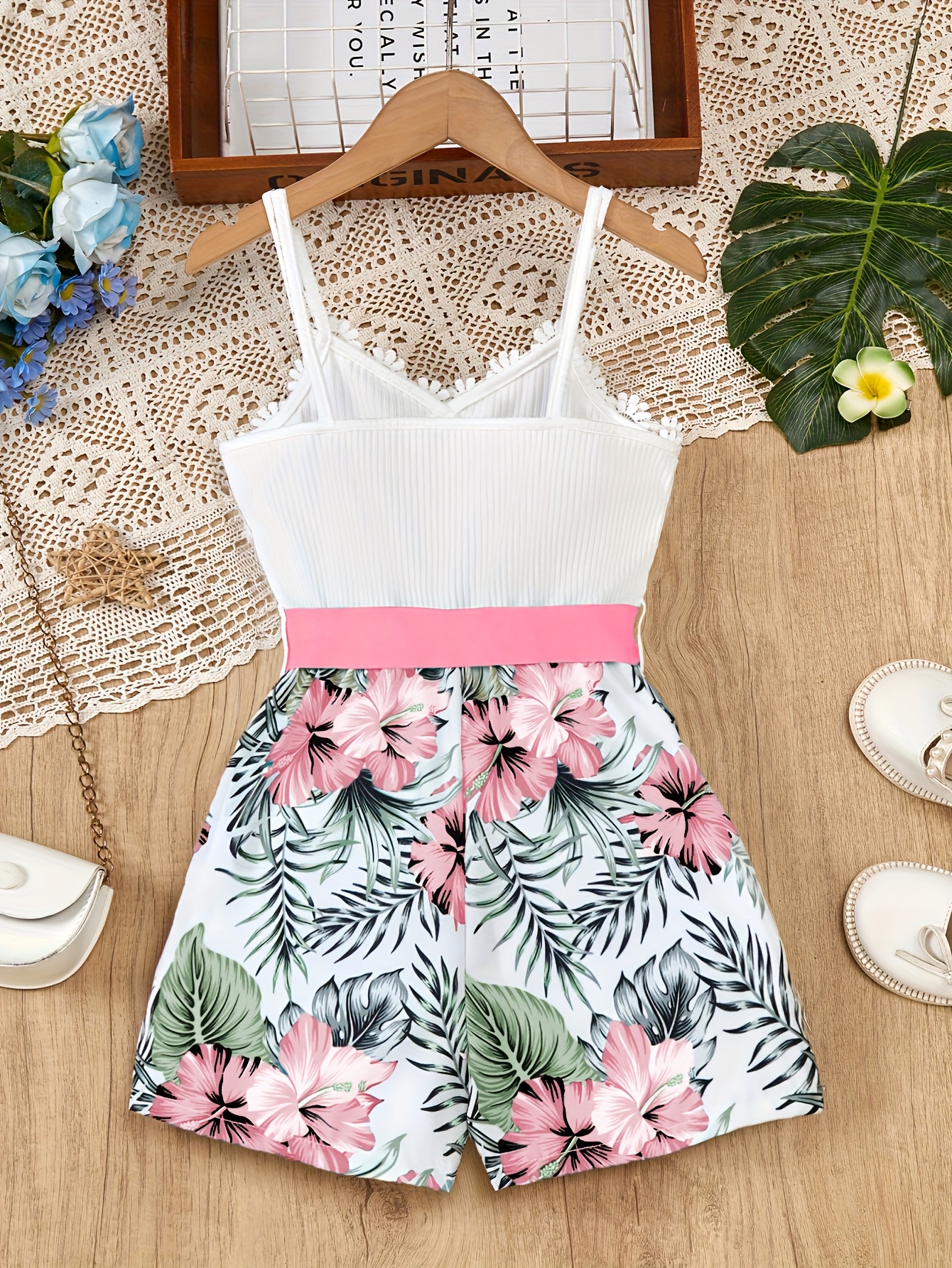 floral print jumpsuit white pink floral romper adjustable Temu