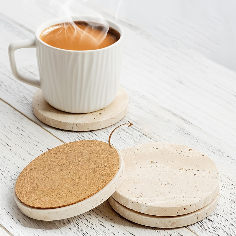 Set of 4 Natural Travertine Marble Coasters with Non-Slip Cork Backing - Round Stone Drink Coasters Suitable for Tables, Stain & Scratch Resistant, Elegant Natural Stone Table Protectors, Housewarming Wedding Gift, Durable & Aesthetic