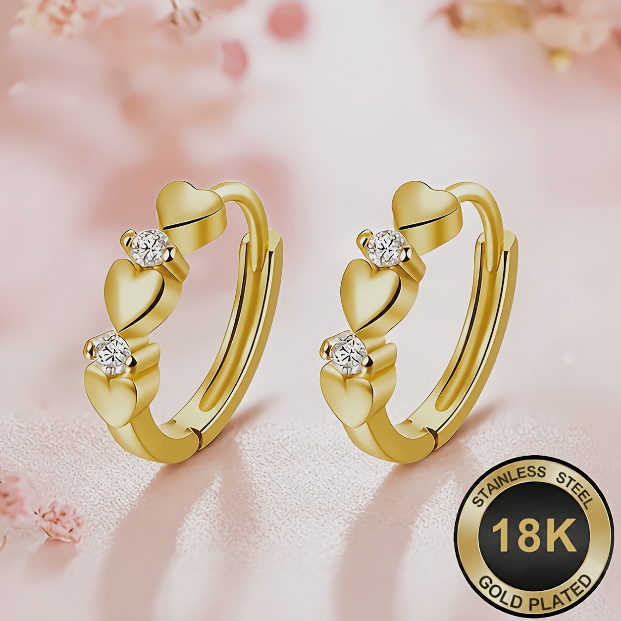Women's 18K Gold-Plated Heart Earrings, Lightweight Design