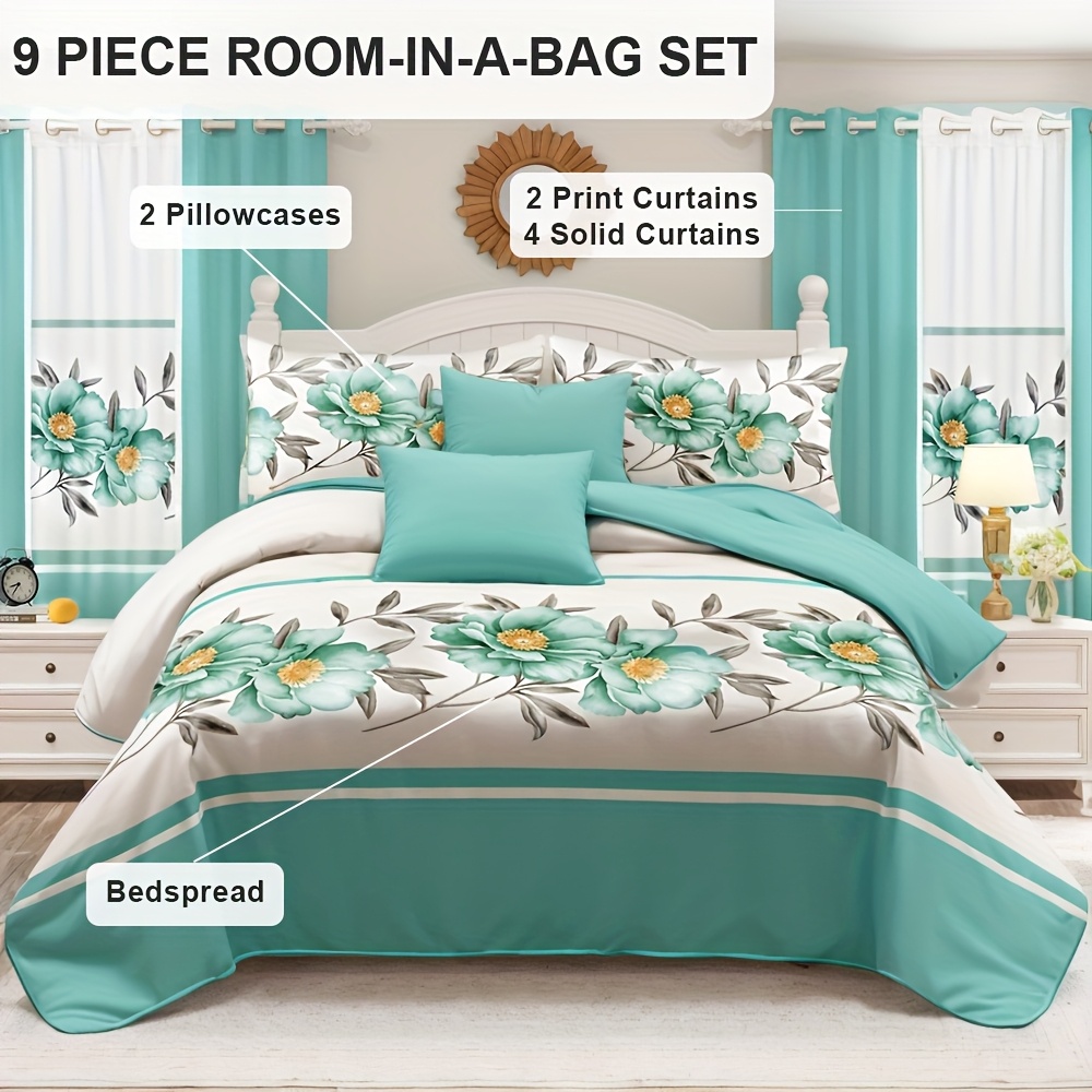 TEMU 9pcs In A Bag Thick Touch Bed Cover Curtain Set, Upgraded Luxury Bedspread Set, Bamboo Microfiber All Season Bedding-set For Home, Rv Beding,