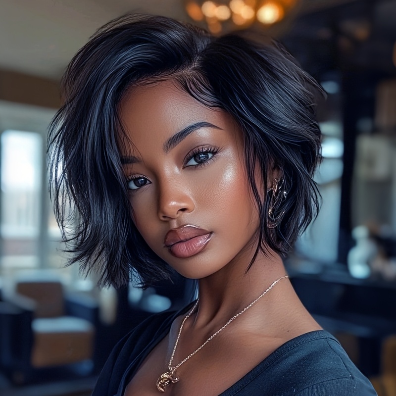 TEMU Short Fashion Wavy Hair Short Brown Wigs Black Hair Synthetic Bob Wigs For Women Short Hair Wigs For Halloween, Christmas Party, Music Festivals