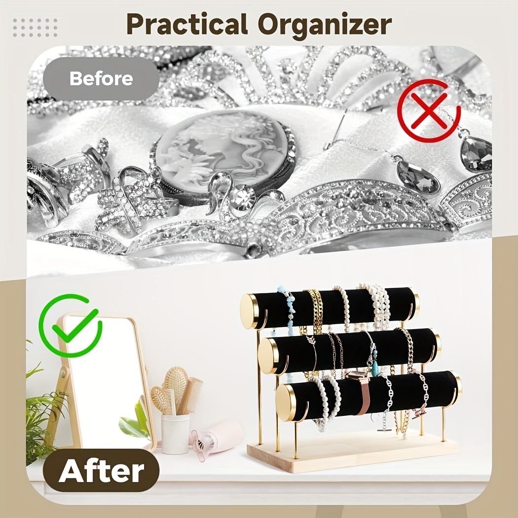 1 2 3 уровня съемный держатель для браслетов, золотой органайзер для браслетов, дисплейный стеллаж с бархатовой оберткой и деревянной основой для браслета, детали 9