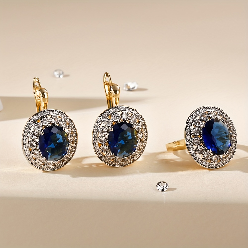 Two Tone Zirconia Oval Earrings & Ring Set 14K Golden Plated
