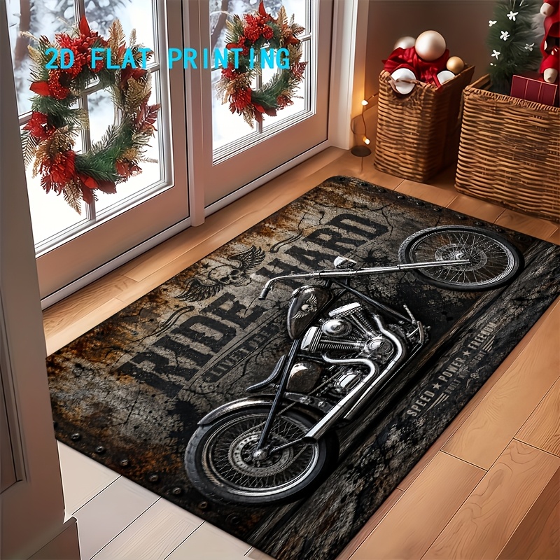 TEMU 1pc Vintage Motorcycle "" Mat Suitable For Home & Outdoor, Non-slip Machine Washable Entryway With Motorcycle-themed, Adhesive Backing Suitable