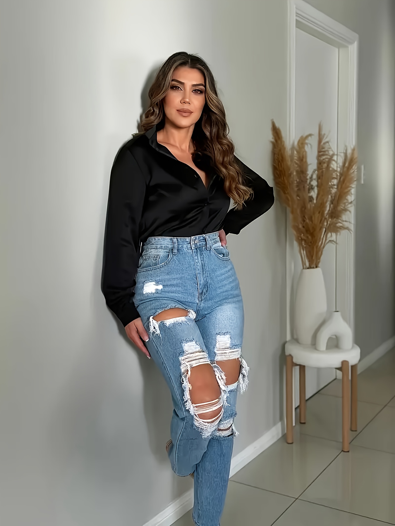 women's plus size vintage high waisted ripped straight leg Temu