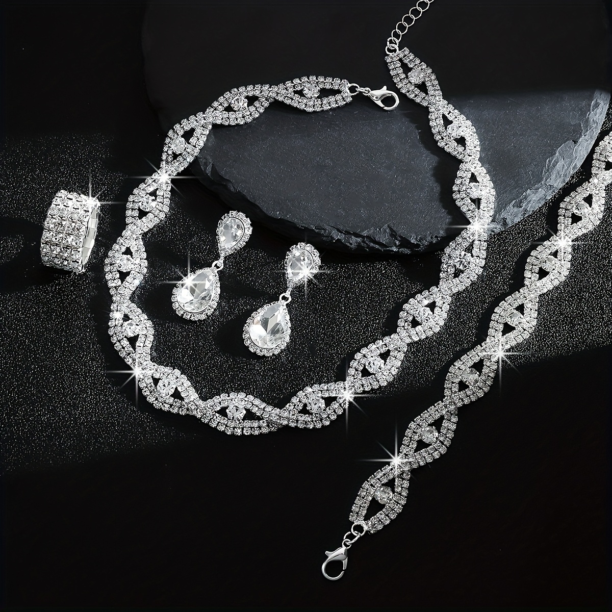 Bride's Luxurious Rhinestone Evil Eye Necklace Bracelet Earrings Ring Set
