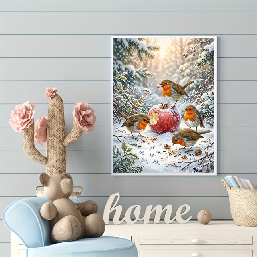 TEMU New 5d Diy Diamond Painting Kit - Winter Robin And , Drill Acrylic Artwork, Living Room, Bedroom, Home Handmade Decorative Painting, Christmas
