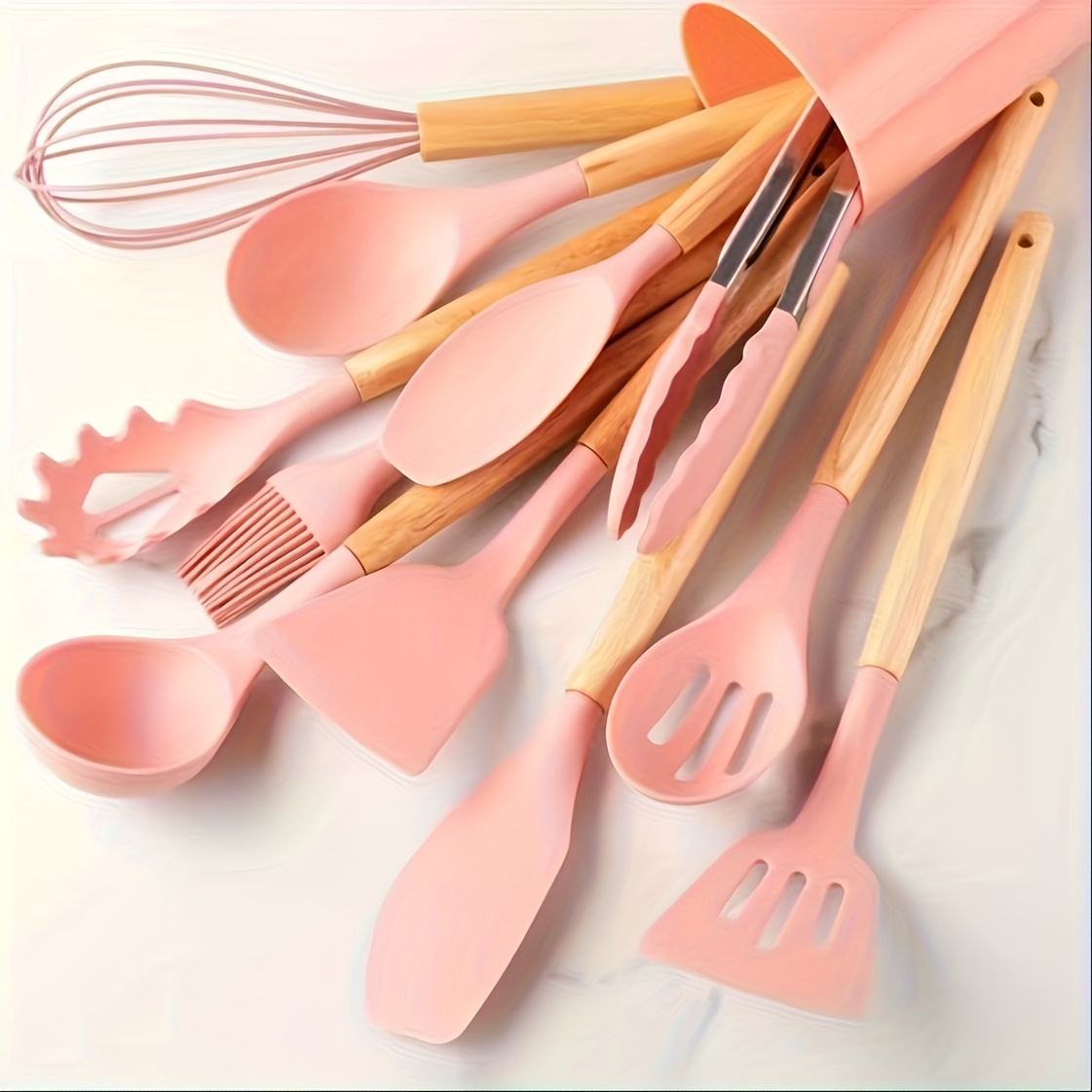 TEMU 12pcs Silicone Utensil Set, Kitchen Utensil Set With Wooden Handle, Safety Cooking Utensils Set, Kitchen Tools Set, Washable Modern Cookware,