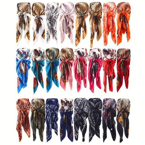 24pcs 35 satin square head scarves for women vintage like bandanas 24 in assorted colors patterns valentines day or mothers day gifts versatile headwear vintage bandanas jacquard woven fabric hair scarf